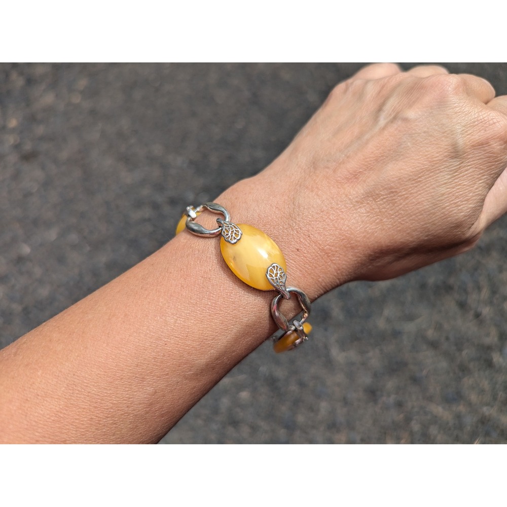 Vintage Butterscotch Amber Charm Bracelet Silver Statement‎ Jewelry sz 8.5 ***
